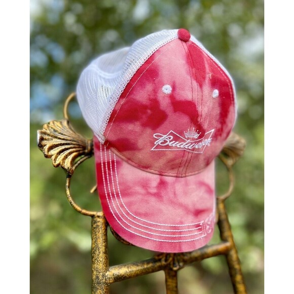 Budweiser 1876 Red White Trucker Hat Mesh Snapback Adj Beer Bleach Tie Dye - Picture 2 of 7